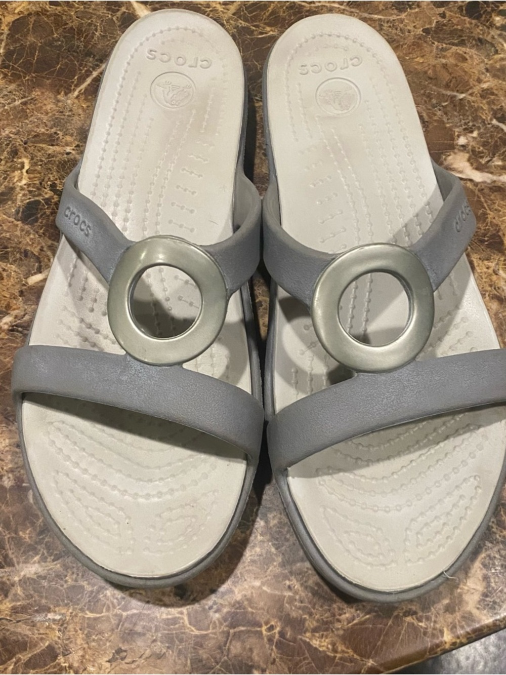 CROCS Women’s Light Gray Slip-On Sandals with Ring Accent
